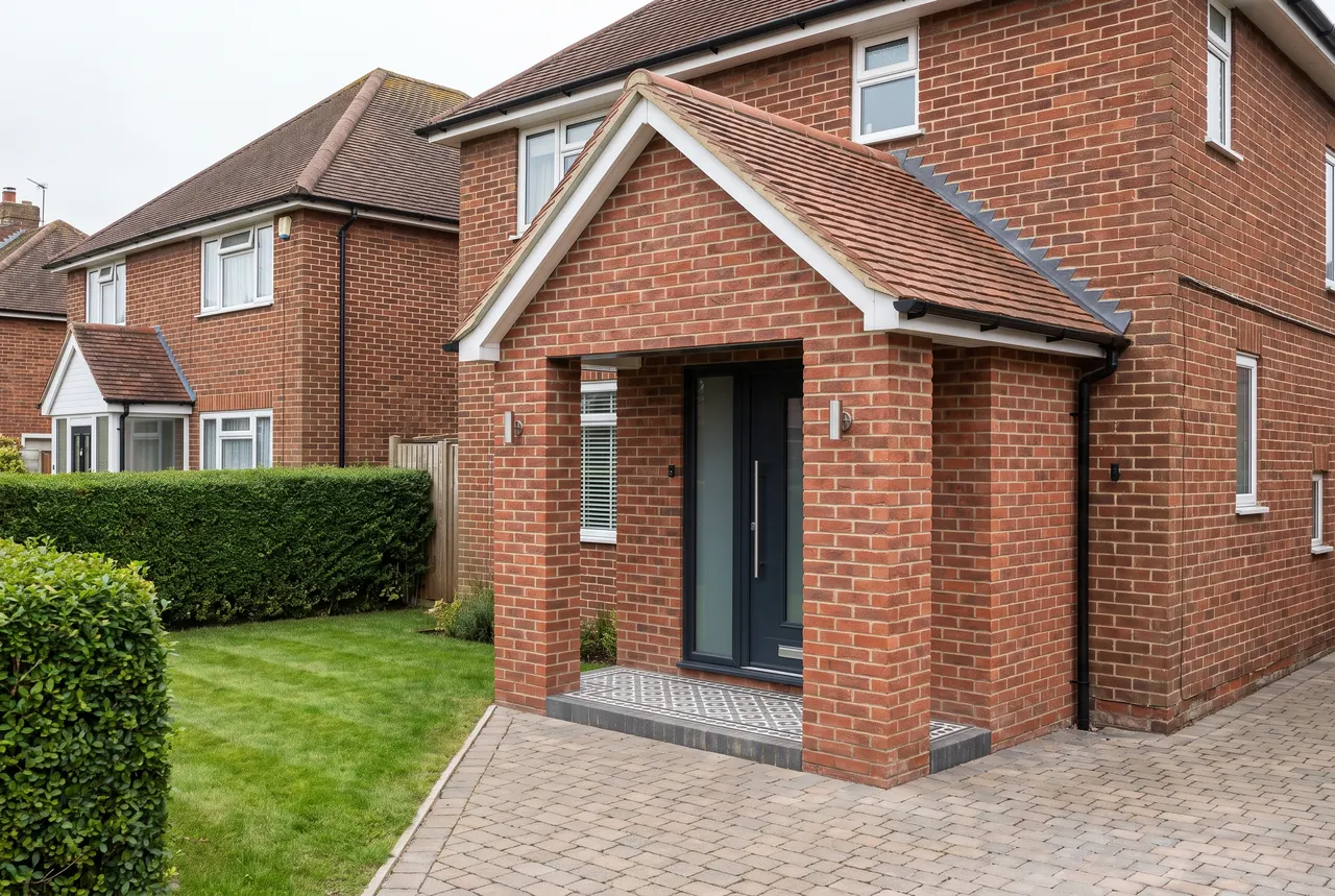 A brick front porch extension with a pitched tiled roof matching the house