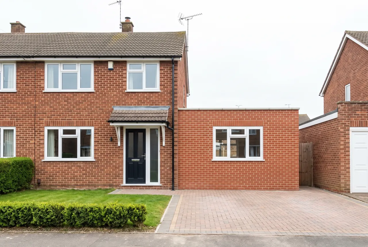 The front of a suburban house where the garage has been converted into a room