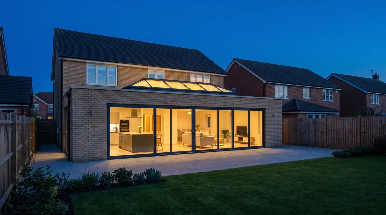 A large single storey rear extension with a roof lantern and sliding doors, lit from inside at dusk