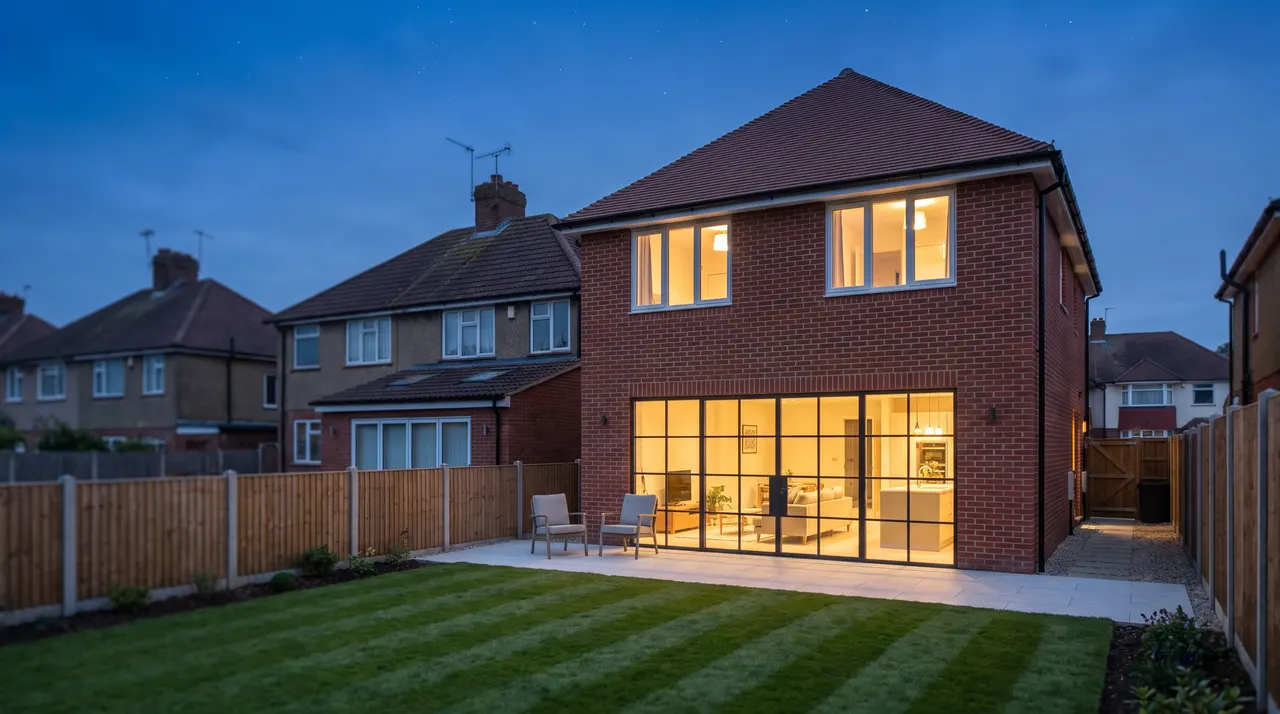 A two storey rear extension lit from inside at dusk, with a paved patio and lawn