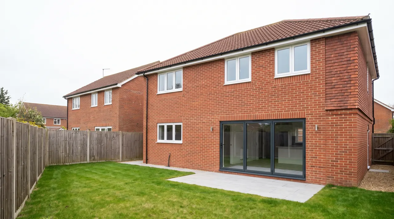 A two storey extension in matched brick with a tiled roof and sliding doors at ground level