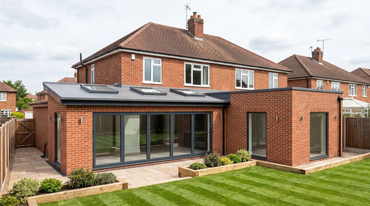 An L shaped wrap around ground floor extension with rooflights and bifold doors onto a lawn