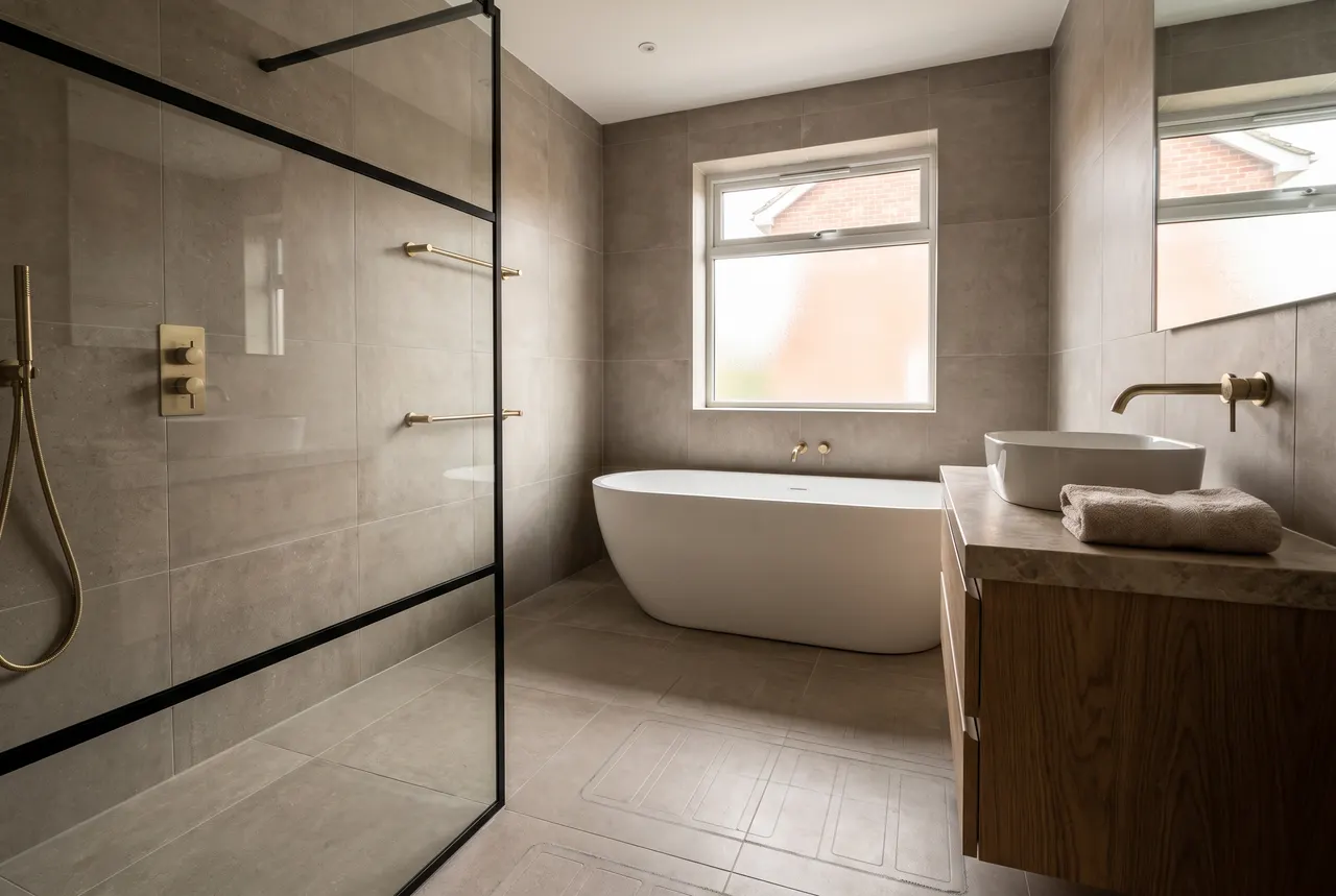 A finished family bathroom with large format porcelain tiling, a walk in shower and a freestanding bath