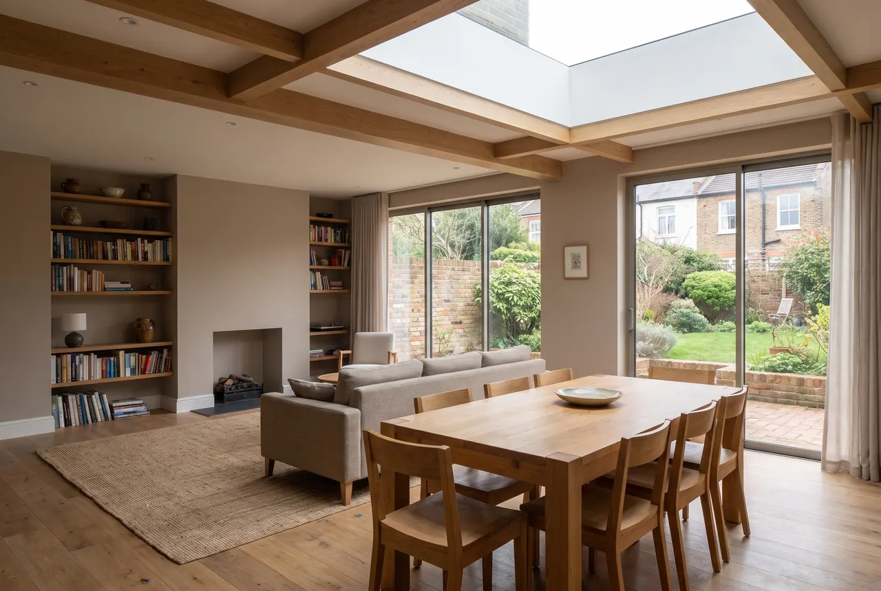 An open plan dining and family space created by removing a load bearing wall