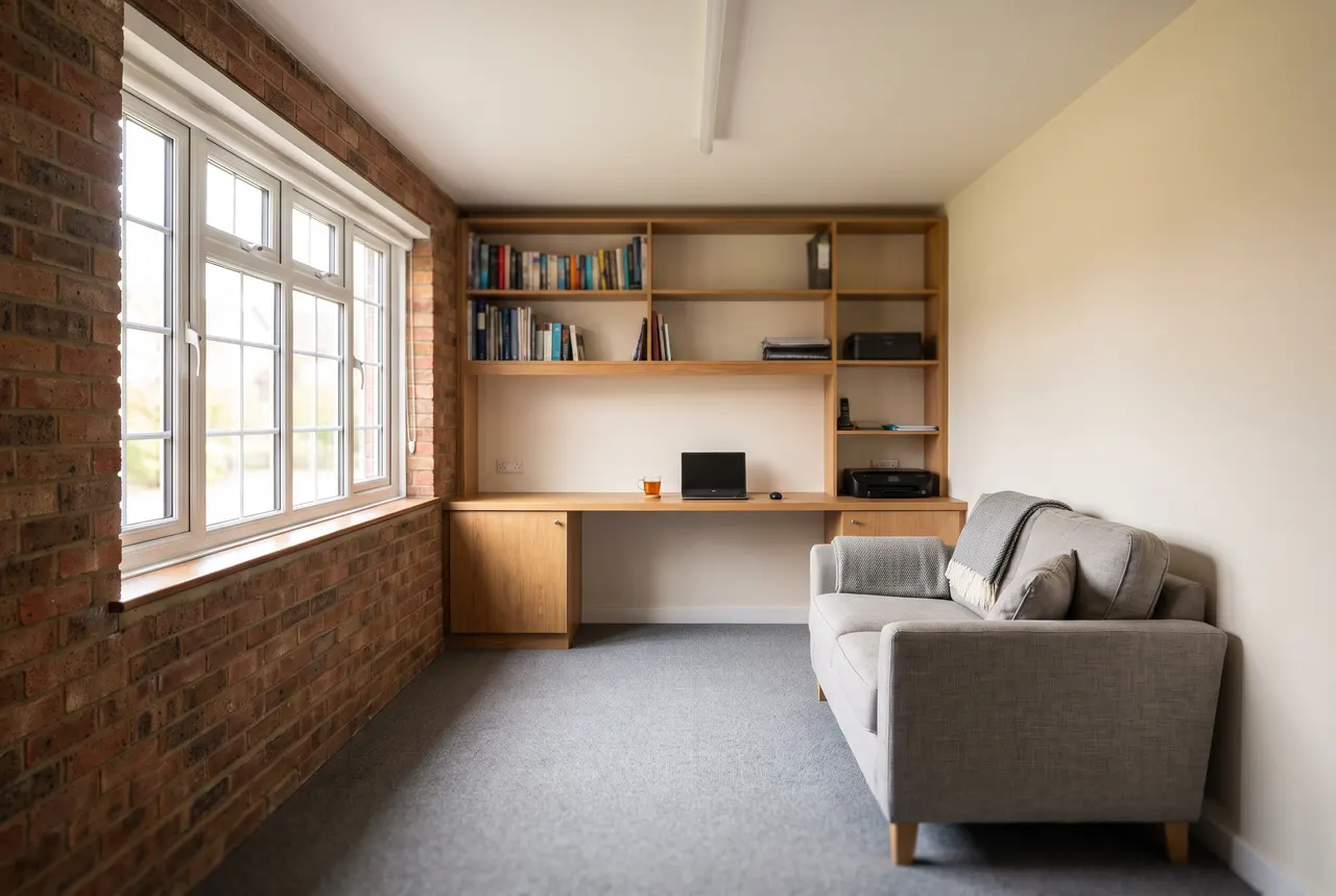 A converted integral garage used as a home office and snug with a new window and a built in desk