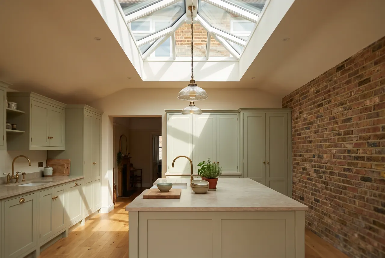 A kitchen island under a glazed roof lantern with painted shaker cabinetry