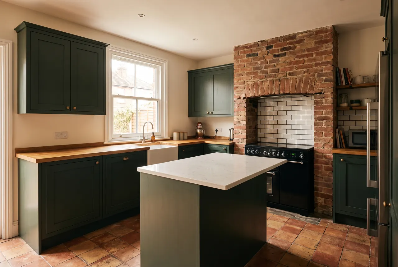 A renovated kitchen with green shaker cabinetry, a range cooker in a brick recess and a wooden worktop