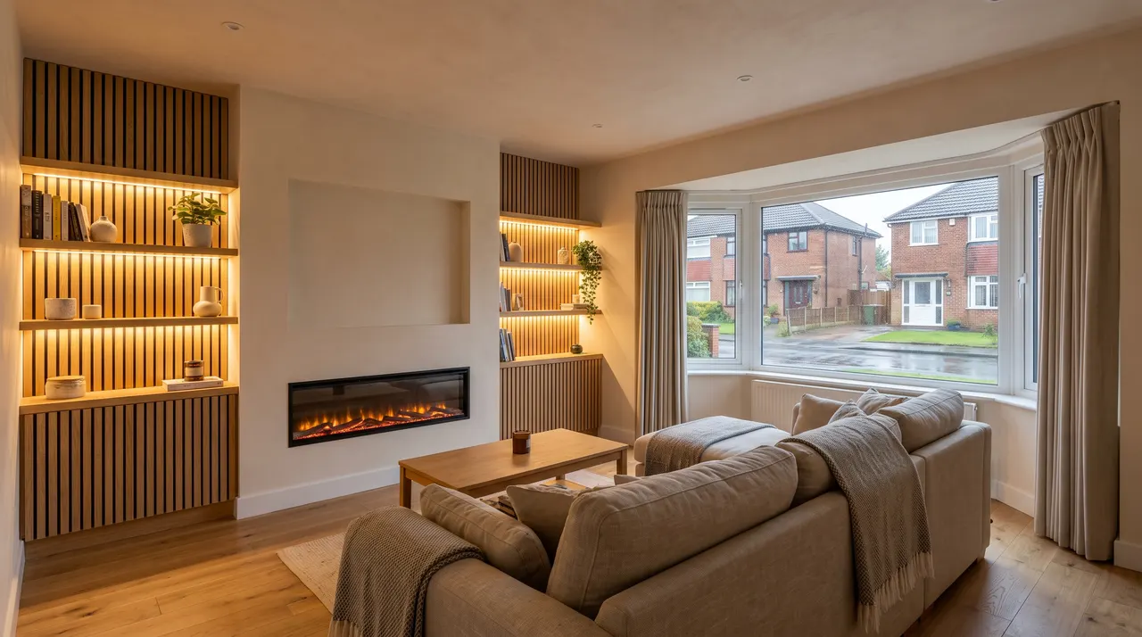 A renovated living room with a media wall, a recessed linear fire and integrated shelving