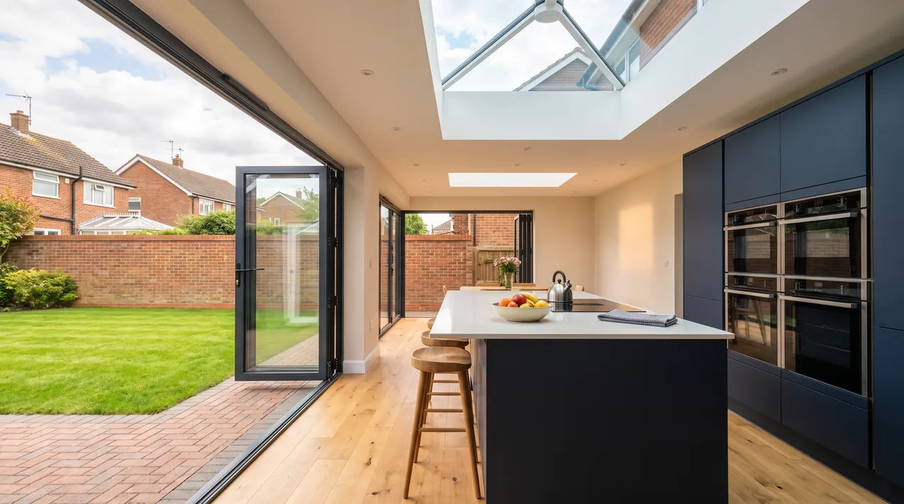 An open plan kitchen and dining space in a rear extension with bifold doors onto a lawn