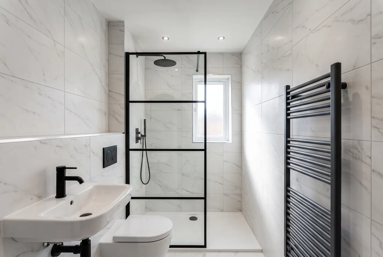 A compact ensuite shower room fully refitted with porcelain tiling and a black framed screen