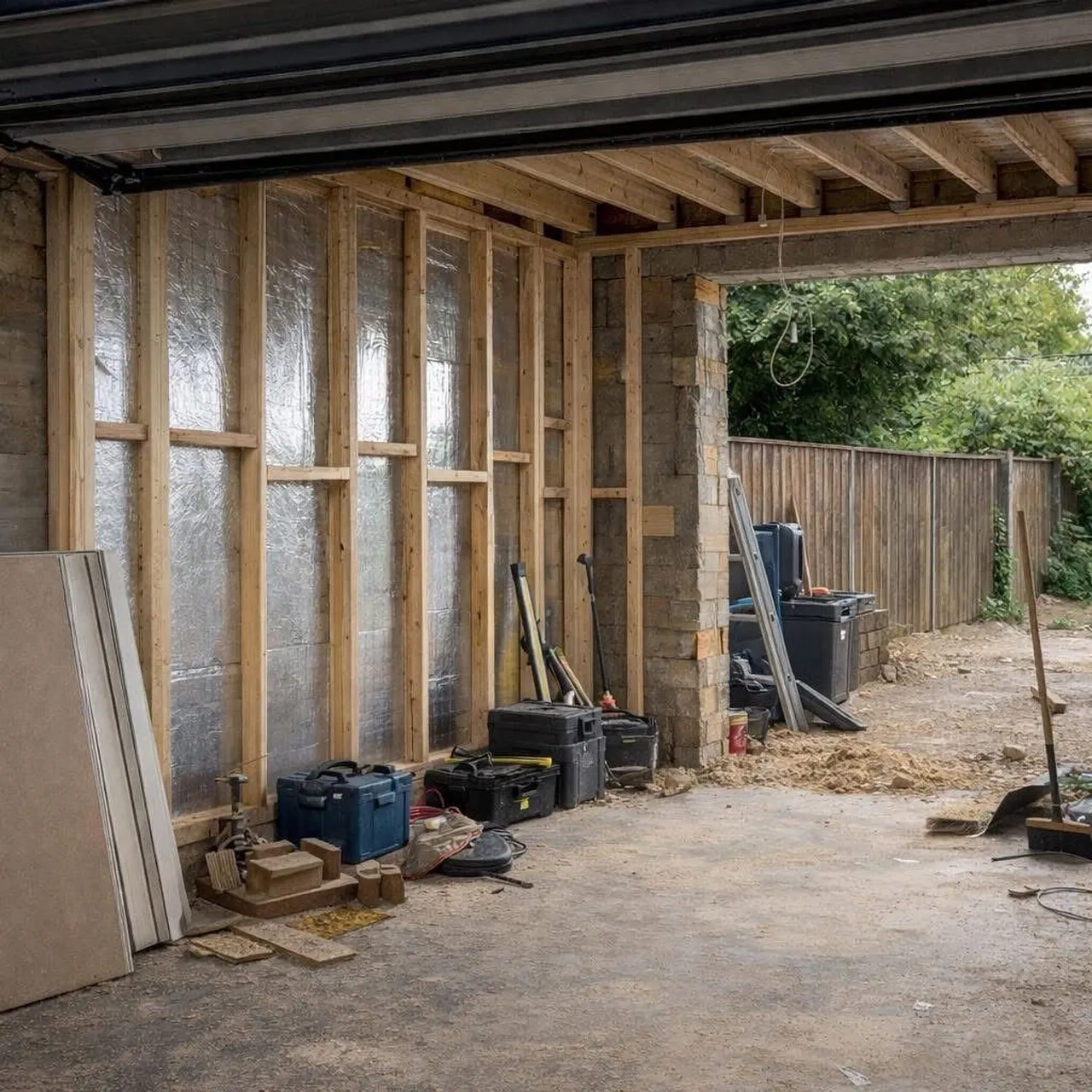 Garage studded out and prepared for conversion into habitable space