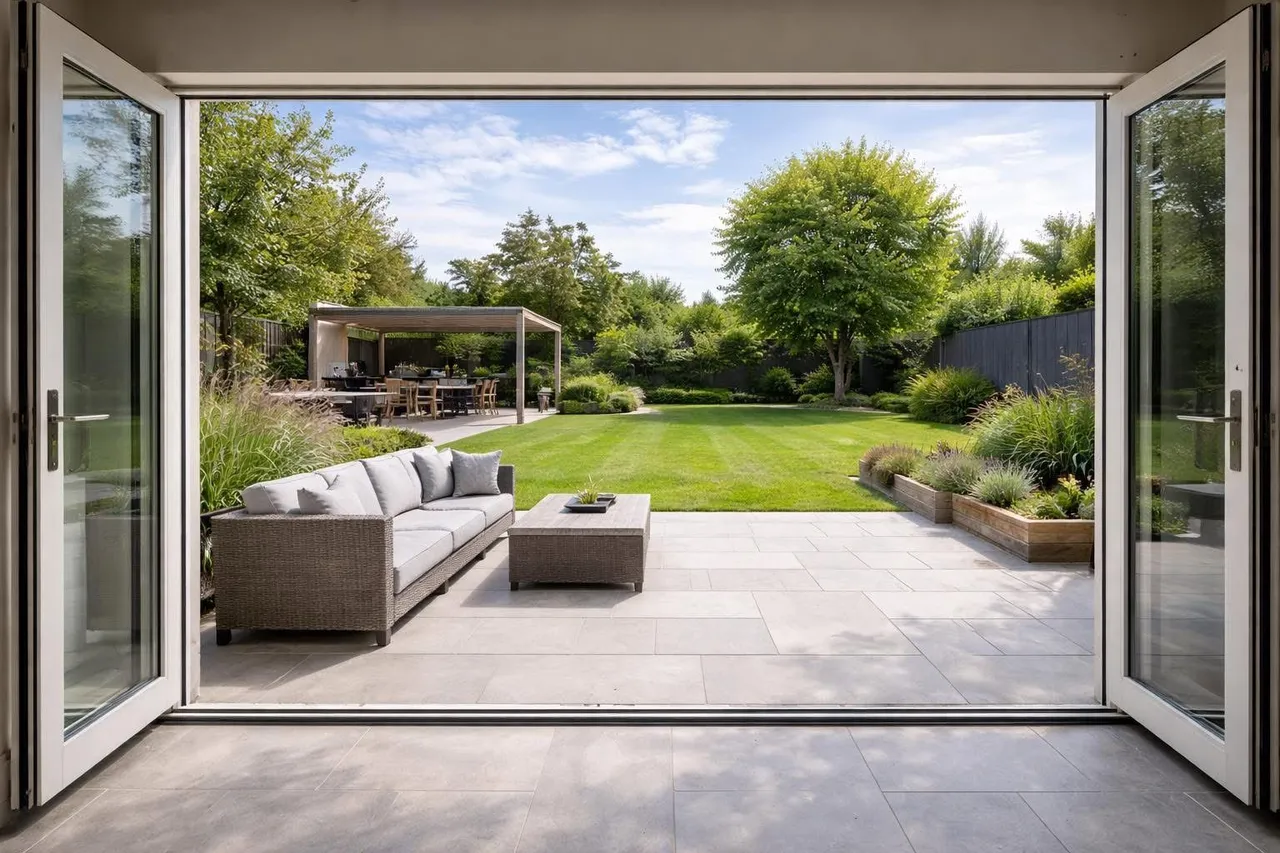 Large finished rear garden with porcelain paving, an outdoor seating area and planting