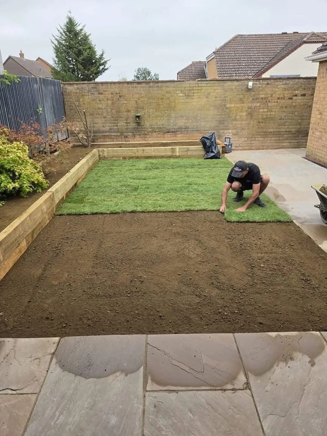 Turf being laid on a prepared and levelled rear lawn